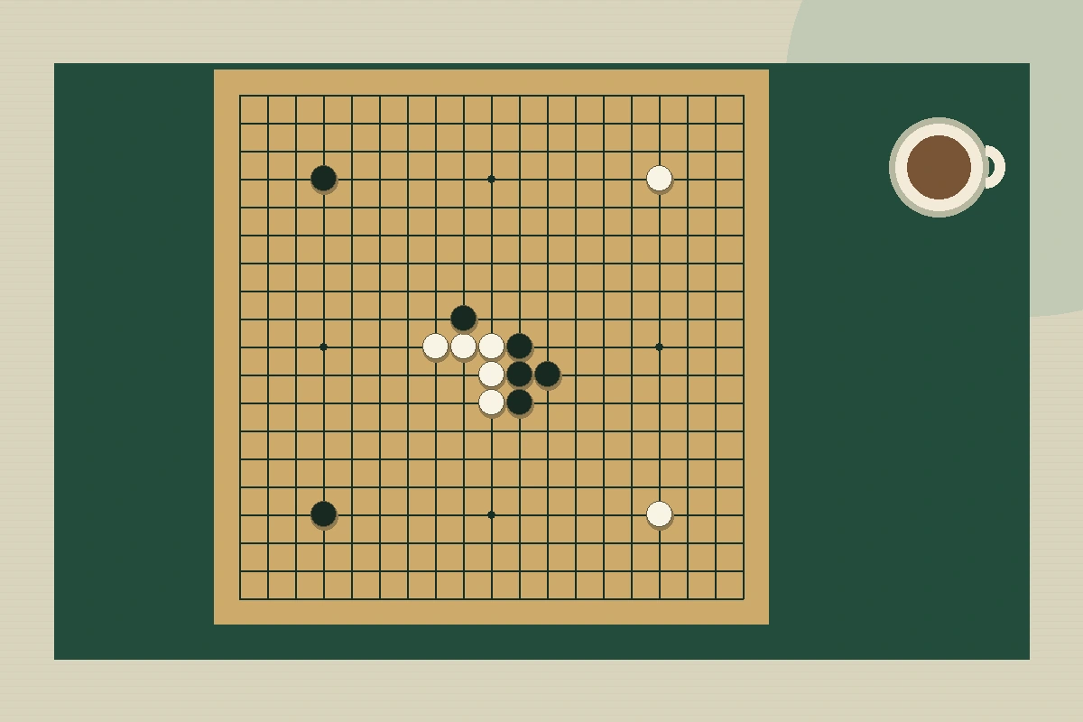 围棋棋盘与黑白棋子主题独立插画，非赛事现场、真人肖像或官方活动照片