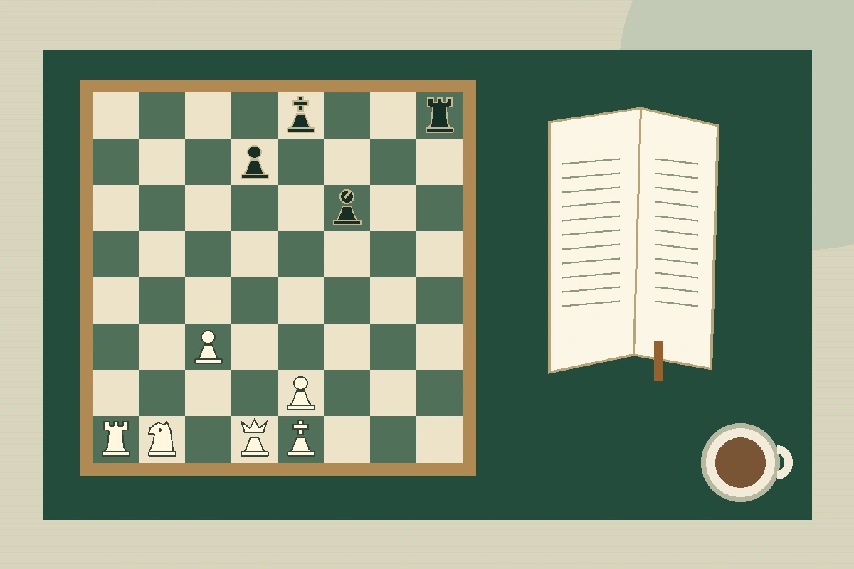 原创主题插画：俯视棋桌上的棋盘、棋子与阅读手册